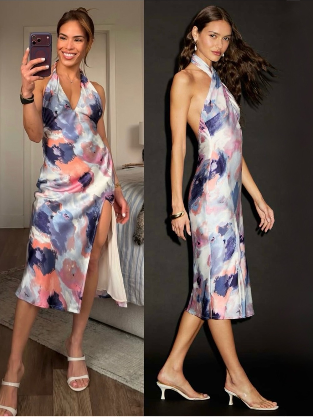 LULUS Satin Abstract Print Crisscross Halter Open Back Y2K Wedding Guest Dress M